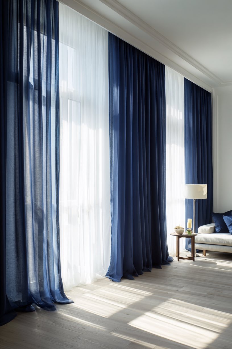 Navy Curtains in a White Room
