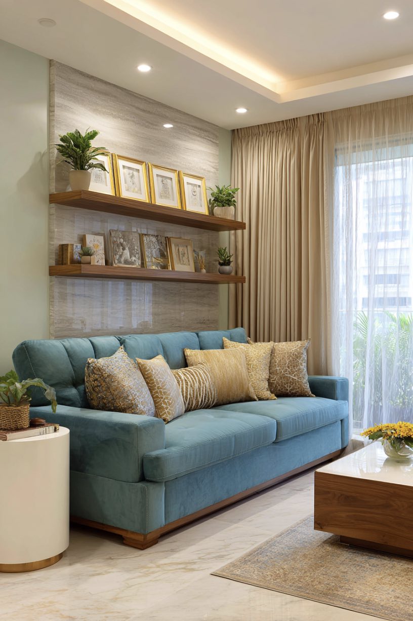 Teal Blue and Light Green Living Room