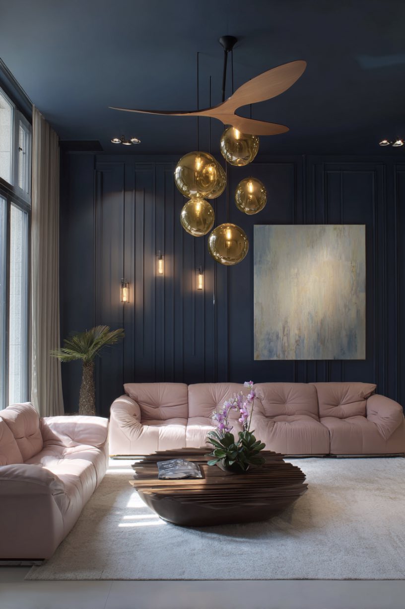 Navy Blue and Light Pink Living Room