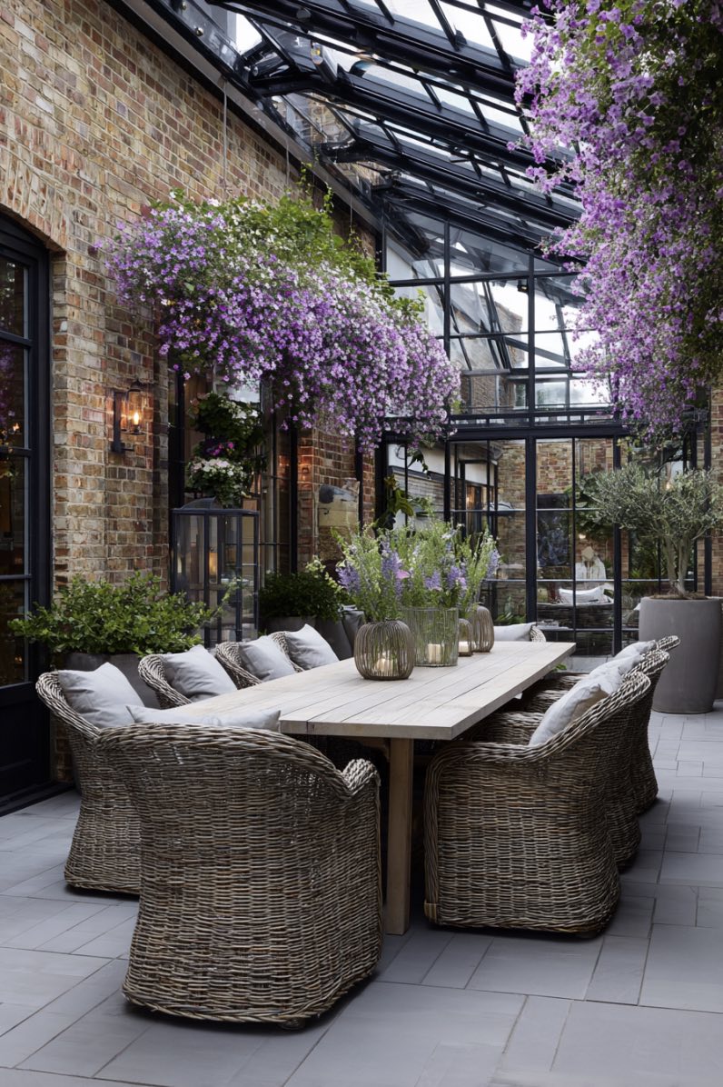 Wicker Dining in a Brick Courtyard
