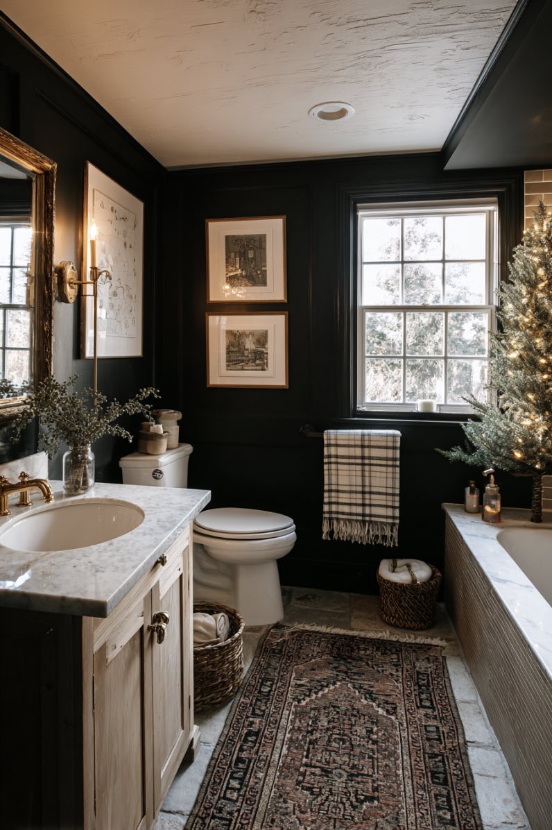 Chic Holiday Charm in a Moody Bathroom